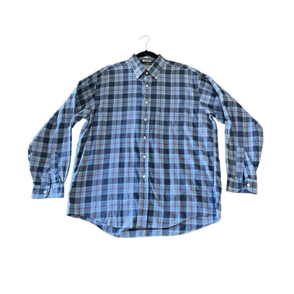 LL Bean US Navy Tartan Button Down Shirt Long Sleeve Plaid Blue